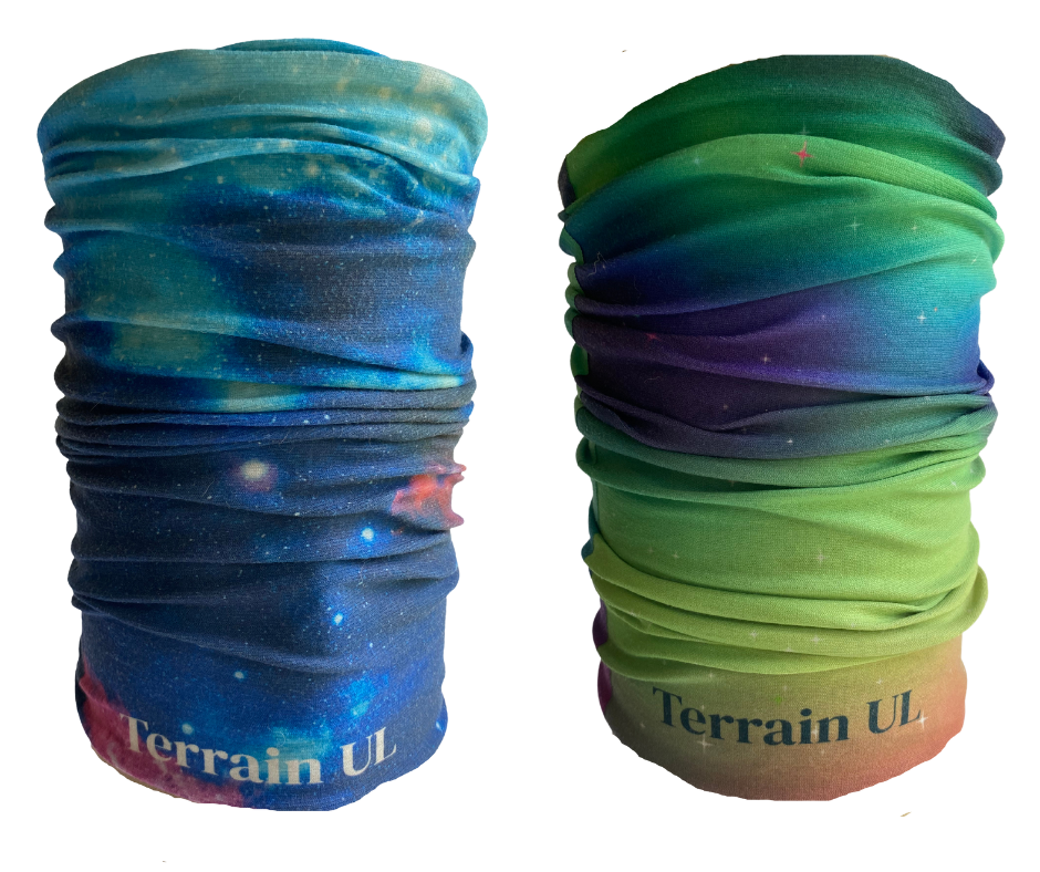 Two tube bandanas. Left with Galaxy print right with Northern Lights print. Terrain UL logo
