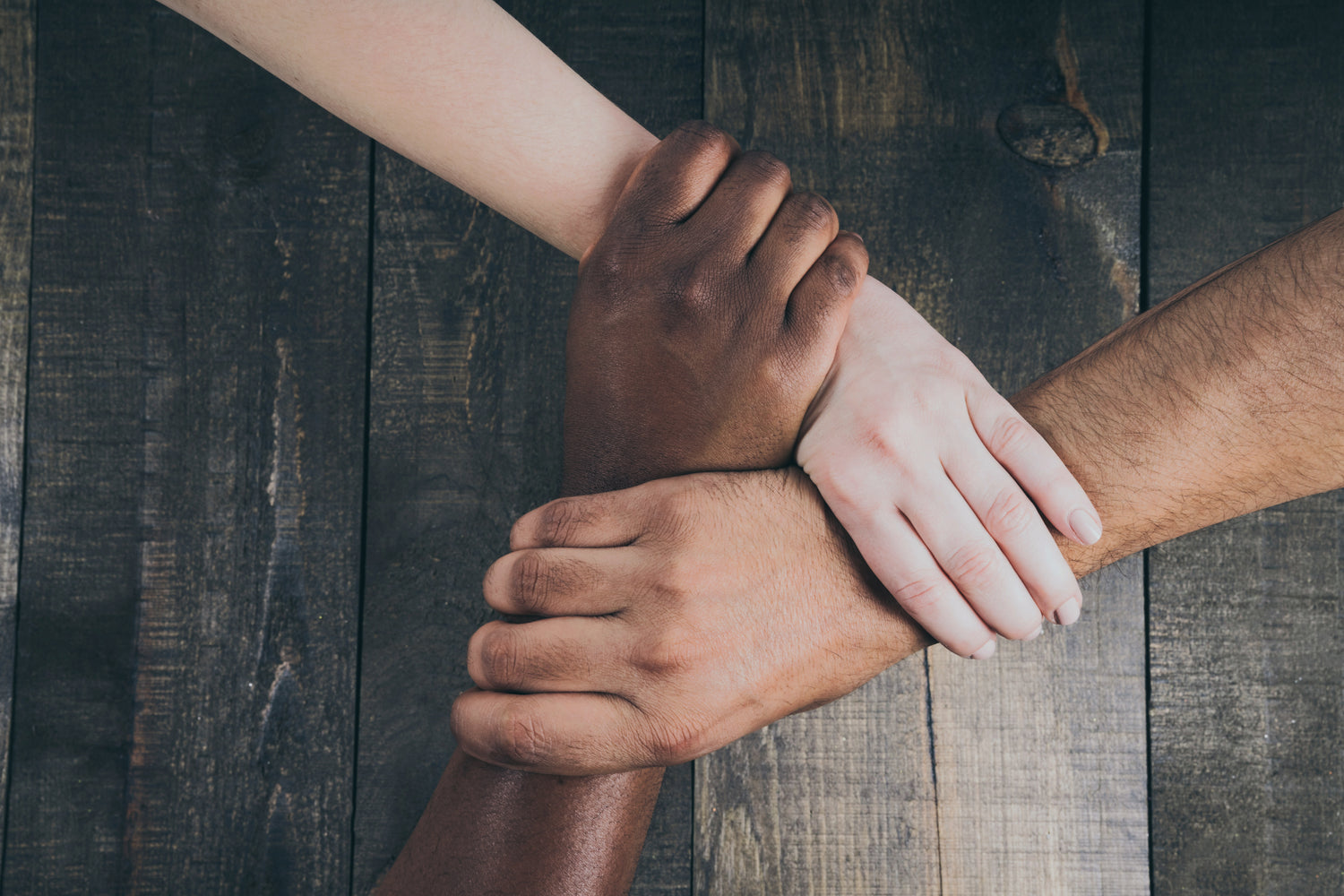 Image of three hands clasped together by the wrists showing unity and strength against a wooden background.